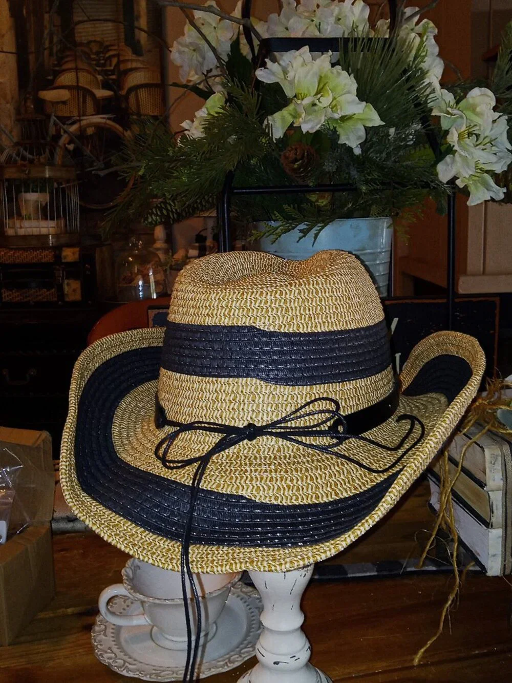 Western Style Black & Natural Stripe Straw hat